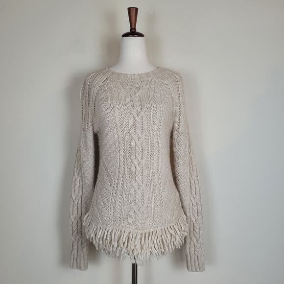 Banana Republic Sweater Small Tan Cable Knit Fringe Western Boho Wool Alpaca - Picture 2 of 10
